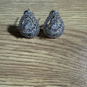Silver Tone Tear Drop Pierced Earrings Omega Clip Rhinestone
